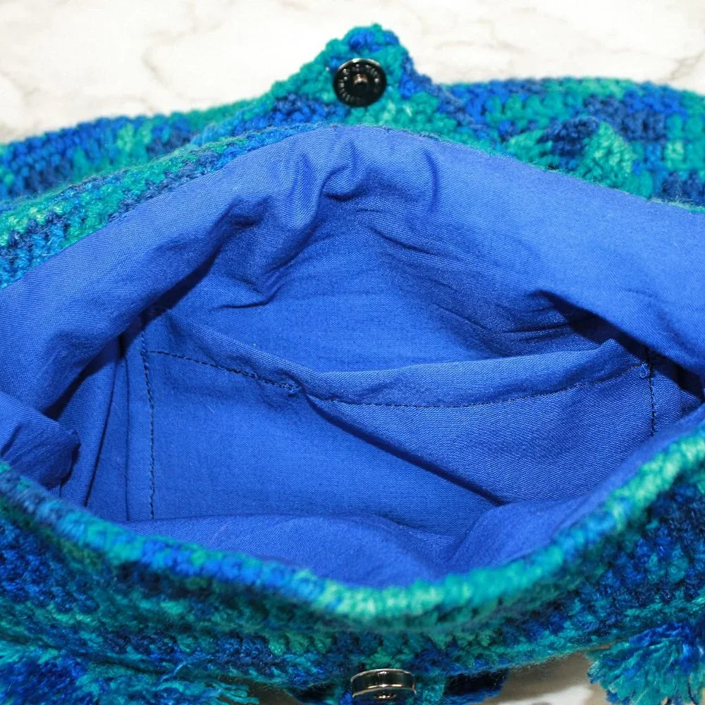 HAND CRAFTED Purse Crochet Owl Oversized Tote Hobo Bag Crossbody Blue Fringe - Picture 6 of 16